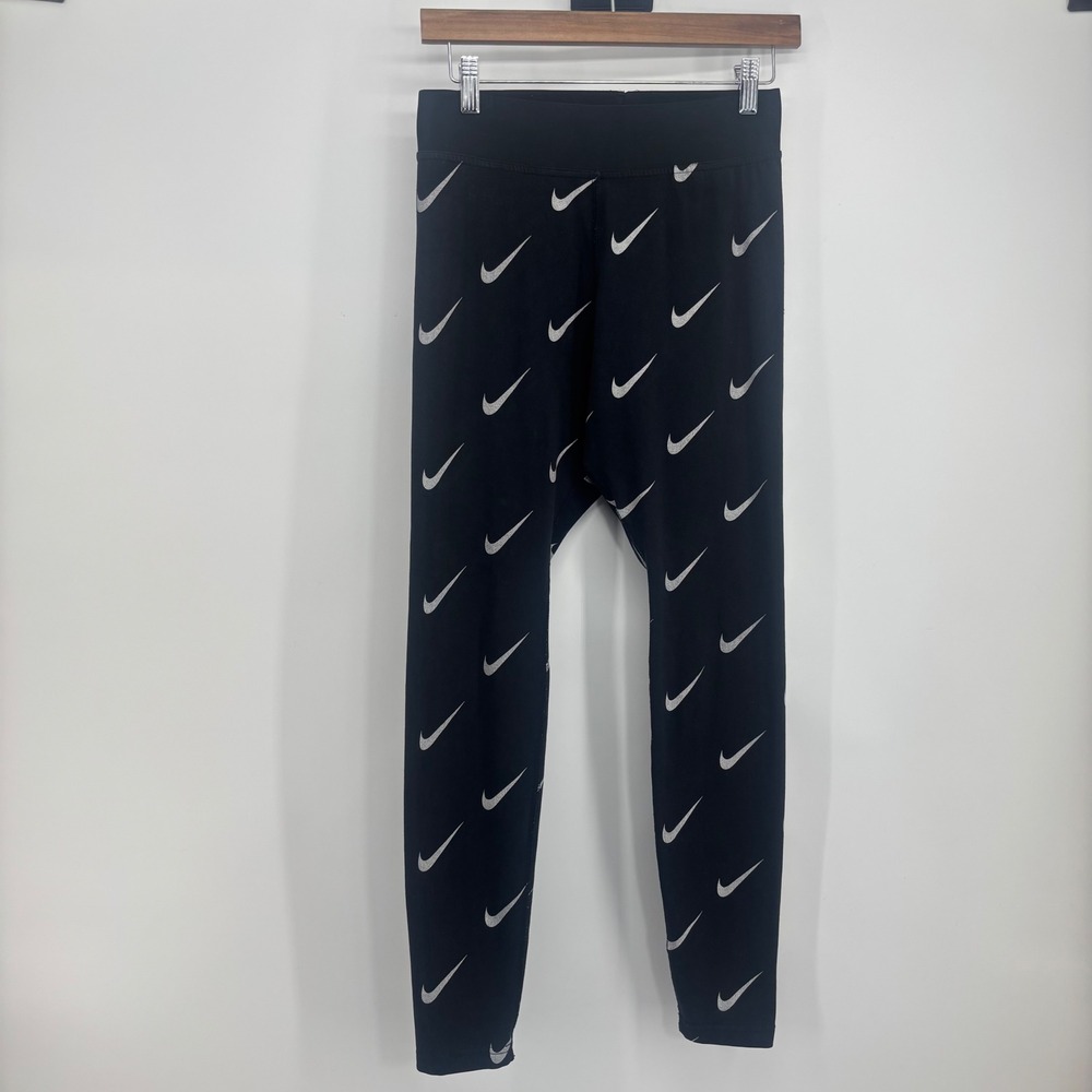 Nike Leg-A-See Metallic Swoosh Leggings Black Silver Logo Print Women's Medium